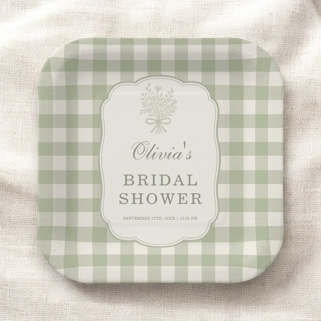 Plato De Papel Sage Green Gingham Bridal Shower Party (Subido por el creador)