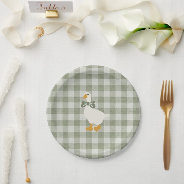 Plato De Papel Sage Green Gingham Buffalo Check Baby Shower Linen (Boda)