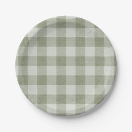 Plato De Papel Sage Green Gingham Buffalo Check Linen Texture
