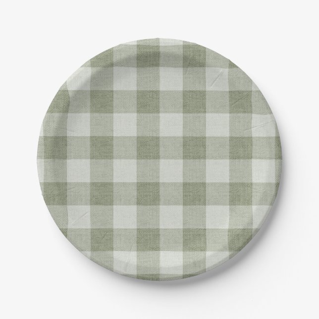 Plato De Papel Sage Green Gingham Buffalo Check Linen Texture  (Anverso)