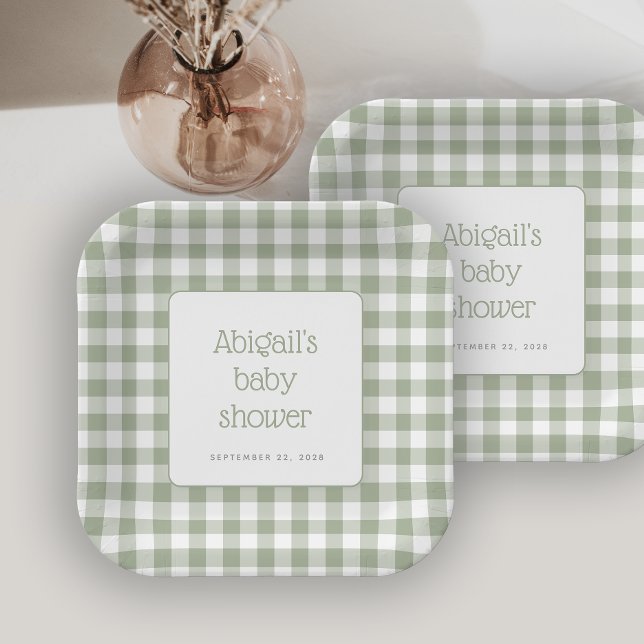 Plato De Papel Sage Green Gingham Check Rustic Baby Shower (Subido por el creador)