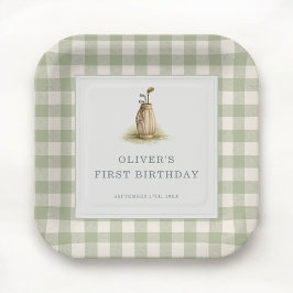 Plato De Papel Sage Green Gingham Golf First Birthday Party