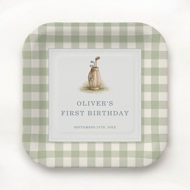 Plato De Papel Sage Green Gingham Golf First Birthday Party (Subido por el creador)