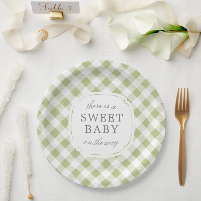 Plato De Papel Sage Green Gingham Plaid Sweet Baby (Boda)