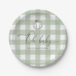 Plato De Papel Sage Green Gingham Pumpkin Baby Shower