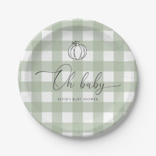Plato De Papel Sage Green Gingham Pumpkin Baby Shower