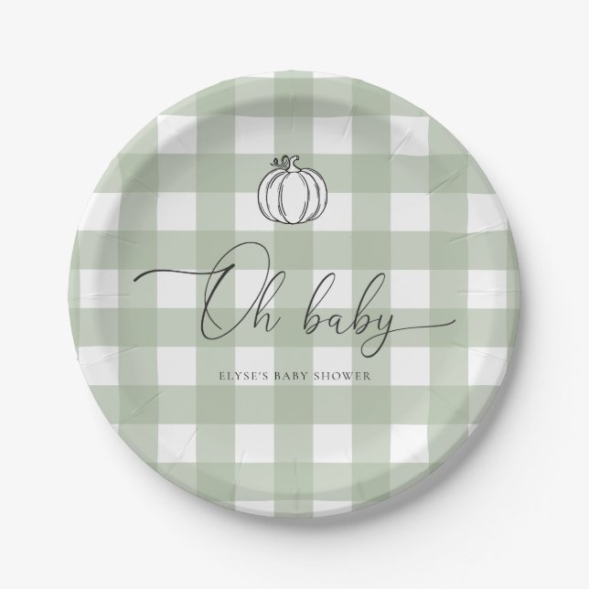 Plato De Papel Sage Green Gingham Pumpkin Baby Shower (Anverso)