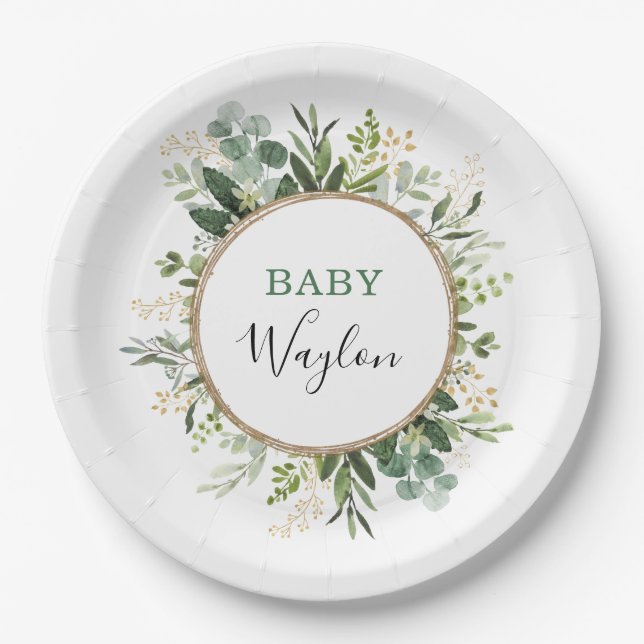 Plato De Papel Sage Green Gold Garden Greenery Baby Shower (Anverso)