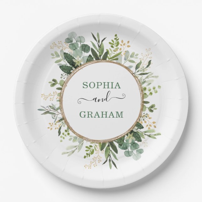 Plato De Papel Sage Green Gold Garden Greenery Boda (Anverso)