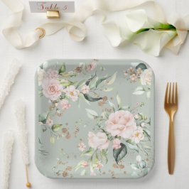 Plato De Papel Sage Green Gold Watercolor Floral Botánica