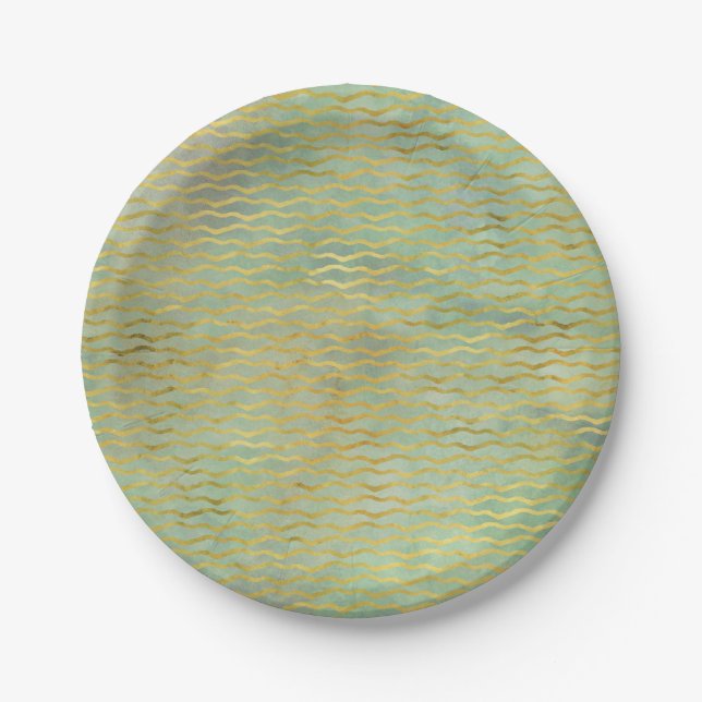 Plato De Papel Sage Green & Gold Wave Wave Strips (Anverso)