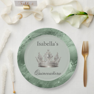 Plato De Papel Sage Green Metallic Silver Crown Tiara Quinceañera