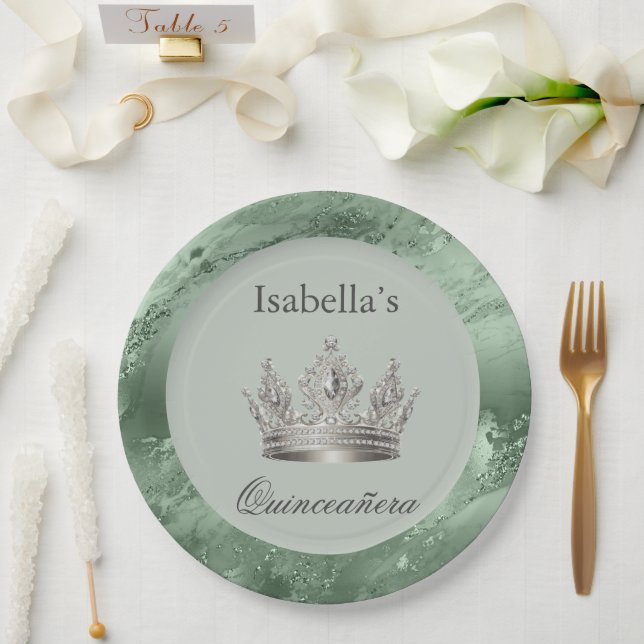 Plato De Papel Sage Green Metallic Silver Crown Tiara Quinceañera (Boda)