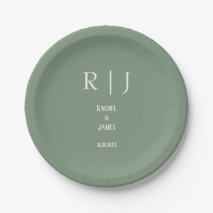 Plato De Papel Sage Green Monogramas Simple Minimal Moderno Boda
