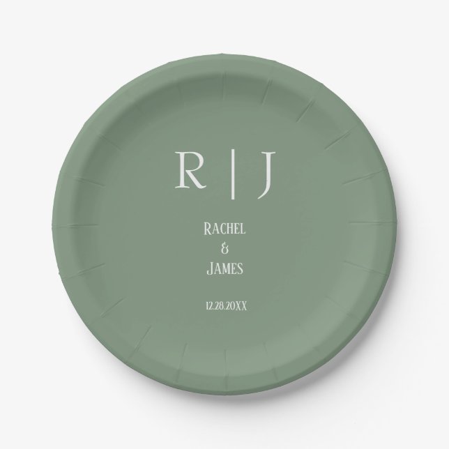 Plato De Papel Sage Green Monogramas Simple Minimal Moderno Boda (Anverso)