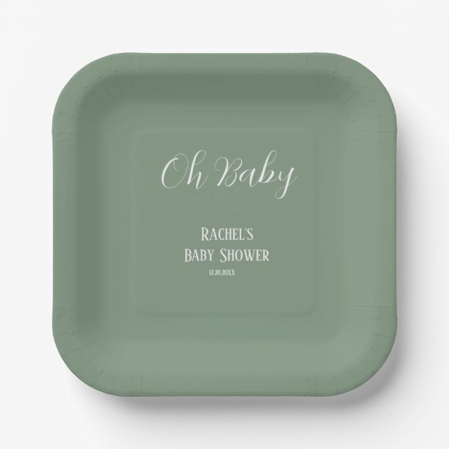 Plato De Papel Sage Green Oh Baby Script Cute Moderno Baby Shower (Anverso)