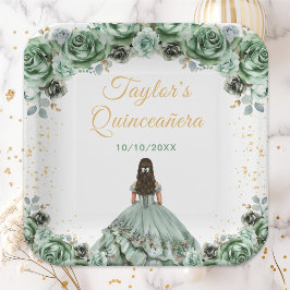 Plato De Papel Sage Green Princess Floral Quinceañera