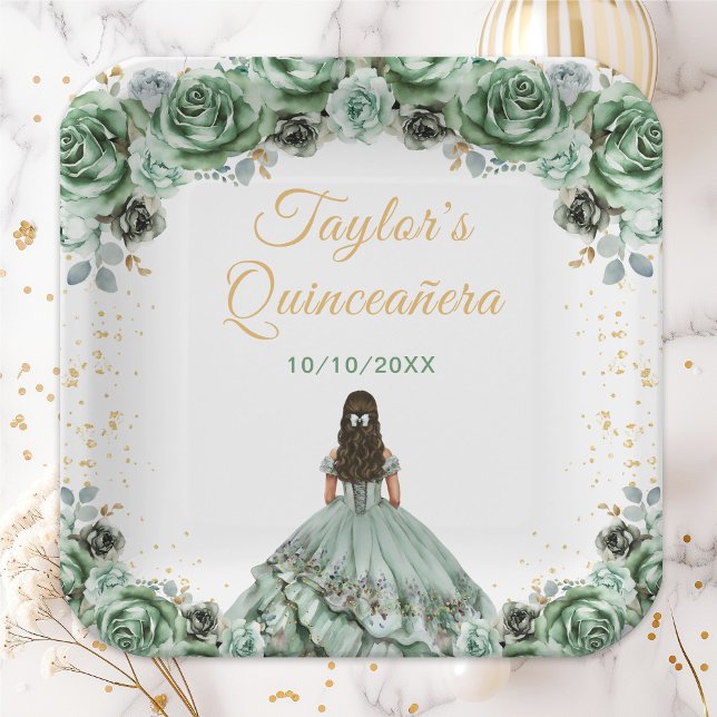 Plato De Papel Sage Green Princess Floral Quinceañera (Subido por el creador)