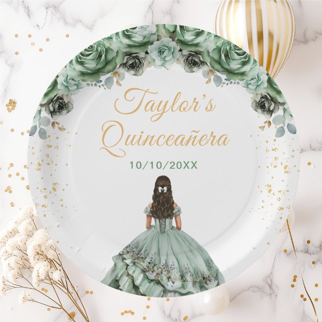 Plato De Papel Sage Green Princess Floral Quinceañera (Subido por el creador)