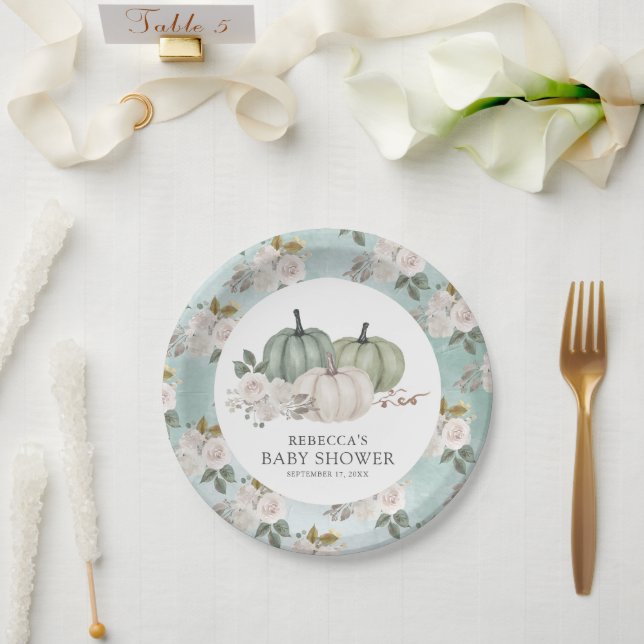 Plato De Papel Sage Green Pumpkin Floral Fall Baby Shower (Boda)