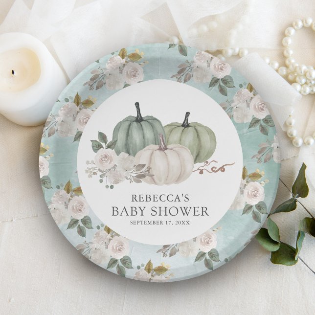 Plato De Papel Sage Green Pumpkin Floral Fall Baby Shower (Subido por el creador)