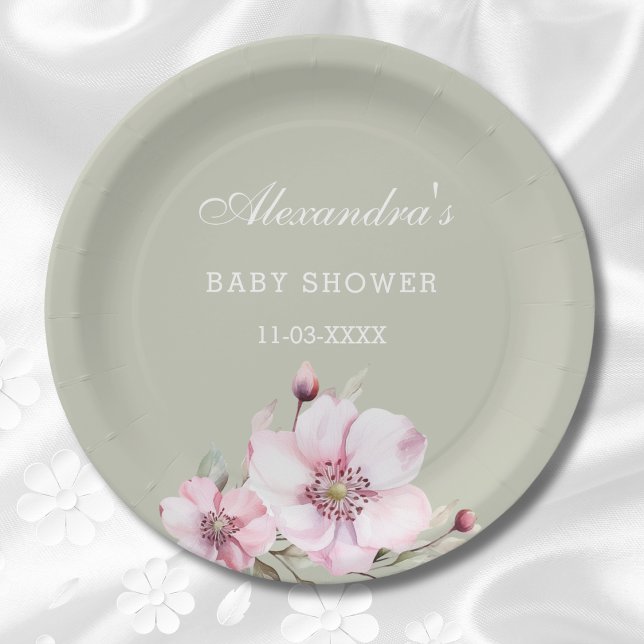 Plato De Papel Sage Green Rubor Rosa Baby Shower (Subido por el creador)