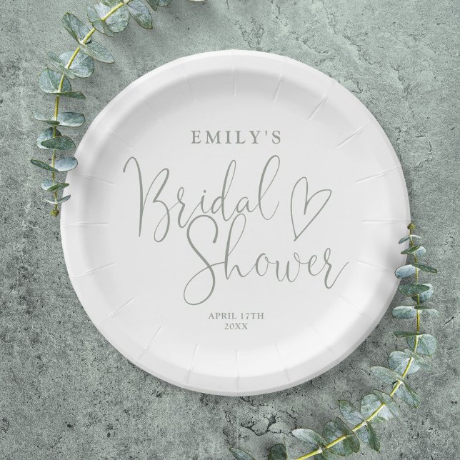 Plato De Papel Sage Green Script Caligraphy Calligraphy Shower (Sage Green Script Calligraphy Bridal Shower Paper Plates)