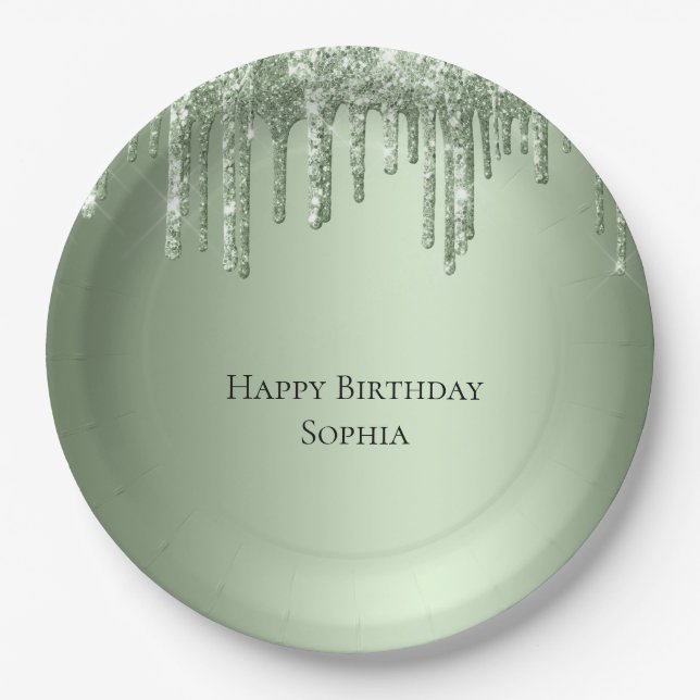 Plato De Papel Sage Green Sparkle Purpurinas Drithday Cumpleaños (Anverso)