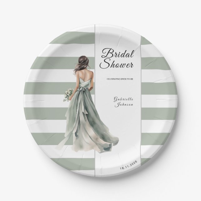 Plato De Papel Sage Green Stripes Watercolour Bridal Bridal Showe (Anverso)