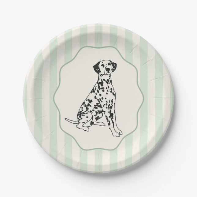 Plato De Papel Sage Green Stripes y Black Dalmatian Dog (Anverso)