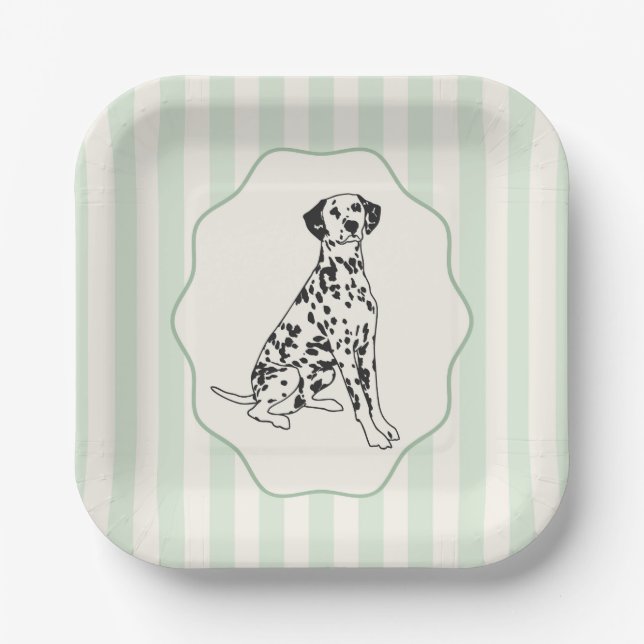 Plato De Papel Sage Green Stripes y Black Dalmatian Dog (Anverso)