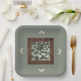Plato De Papel Sage Green Succults, Daisies & Woodgrain Boho