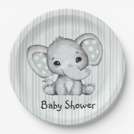 Plato De Papel Sage Green Watercolor Elephant Neutrant Baby Showe