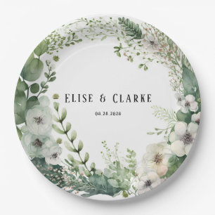 Plato De Papel Sage Green Watercolor Peony Boda