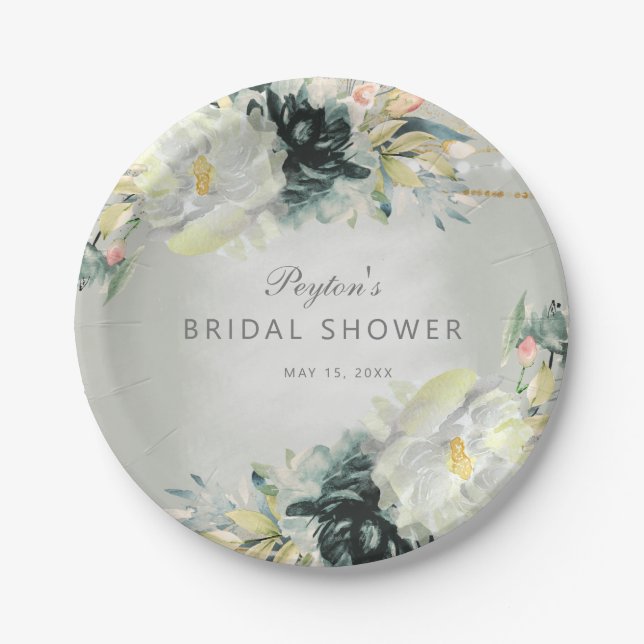 Plato De Papel Sage Green White Floral Purpurina Bridal Shower (Anverso)