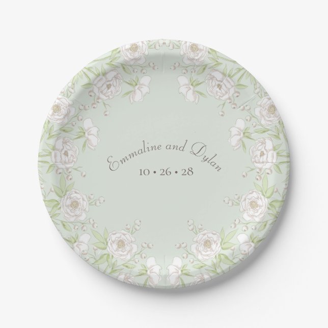 Plato De Papel Sage Green White Rose Wedding (Anverso)