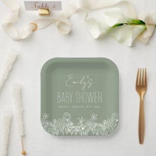 Plato De Papel Sage Green Wildflower Boho Baby Shower En Bloom