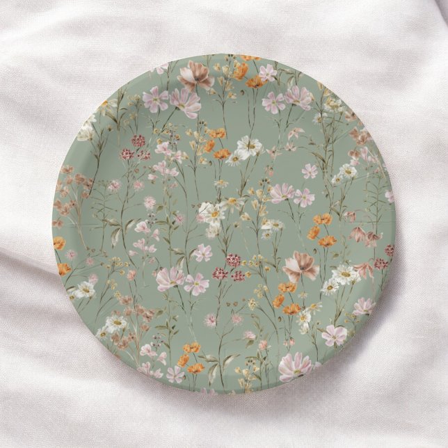 Plato De Papel Sage Green Wildflower Boho Baby Shower En Bloom (Subido por el creador)