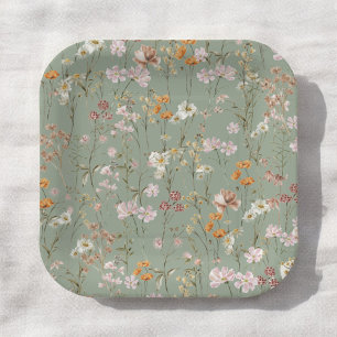 Plato De Papel Sage Green Wildflower Boho Baby Shower En Bloom
