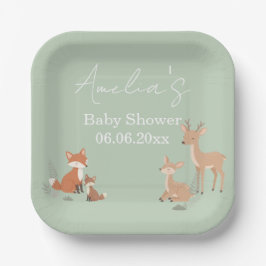 Plato De Papel Sage Green Woodland Animal Baby Shower 