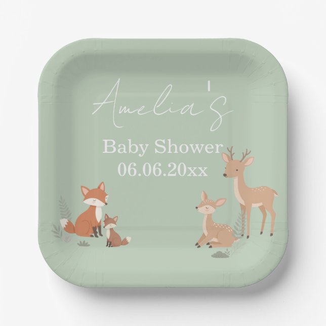 Plato De Papel Sage Green Woodland Animal Baby Shower  (Anverso)