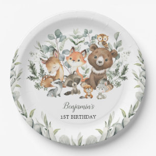 Plato De Papel Sage Green Woodland Animales Eucalyptus Cumpleaños