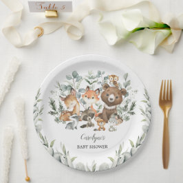 Plato De Papel Sage Green Woodland Animals Eucalyptus Baby Shower