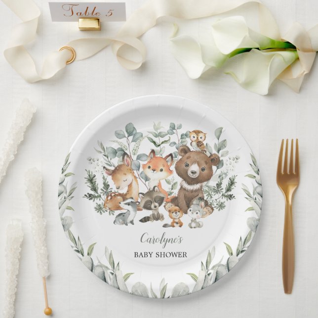 Plato De Papel Sage Green Woodland Animals Eucalyptus Baby Shower (Boda)