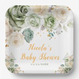 Plato De Papel Sage Green y Cream Floral Baby Shower