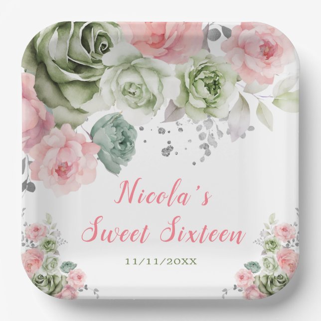 Plato De Papel Sage Green y Pink Floral Sweet 16 (Anverso)
