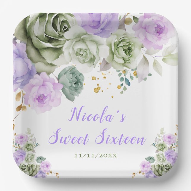 Plato De Papel Sage Green y Purple Floral Sweet 16 (Anverso)