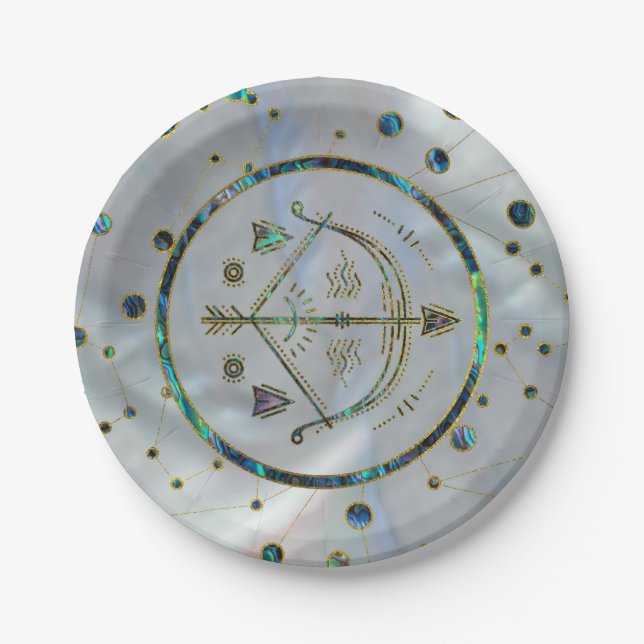 Plato De Papel Sagittarius Zodiac Gold Abalone sobre constelación (Anverso)