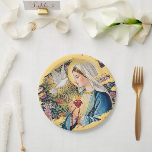 Plato De Papel Sagrado Corazón de María, Devoción, Arte Cristiano
