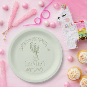 Plato De Papel Saguaro Cactus Dibujado a Mano Verde Baby Shower